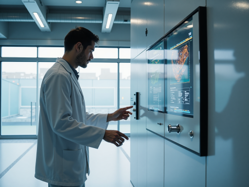 医疗行业数据管理案例，现代化医院信息中心内部，IT人员正在监控医疗数据管理系统，大屏幕上显示各类医疗指标，体现智慧医疗概念