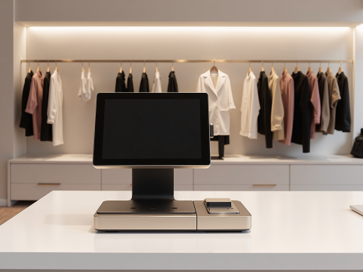 零售业系统集成案例，现代化购物中心内部，顾客正在使用自助结账设备，店员在后台管理系统前操作，体现数字化零售体验